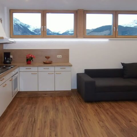 Kueche mit Geschirrspueler, Abwasch und Herd, Pelettofen