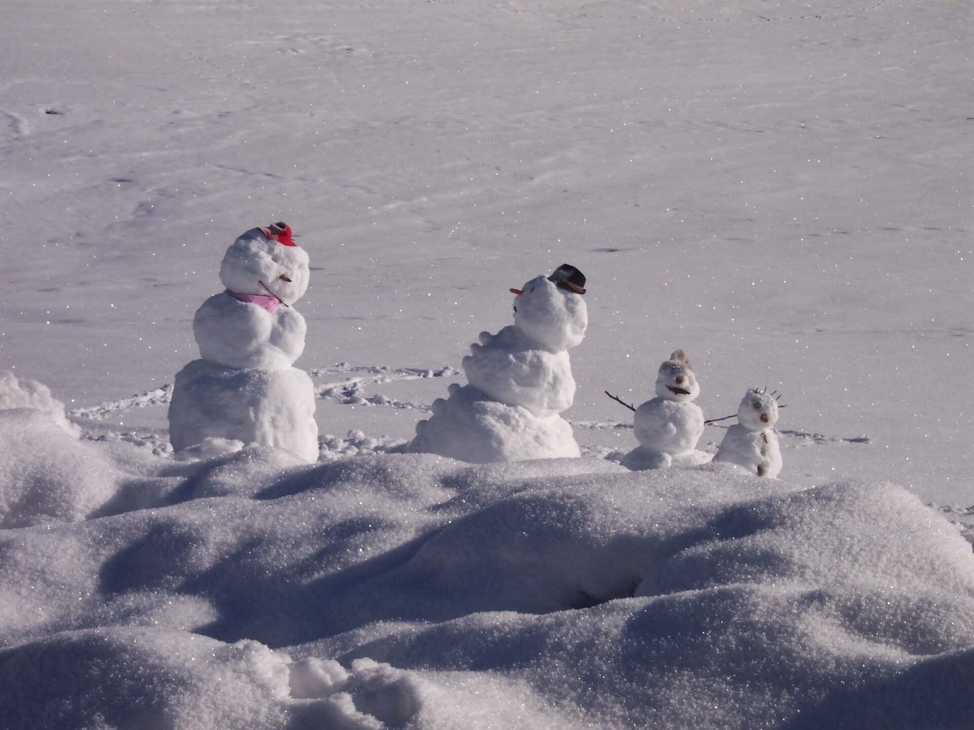 4 kreative Schneemaenner, mit verschiedenen Hueten